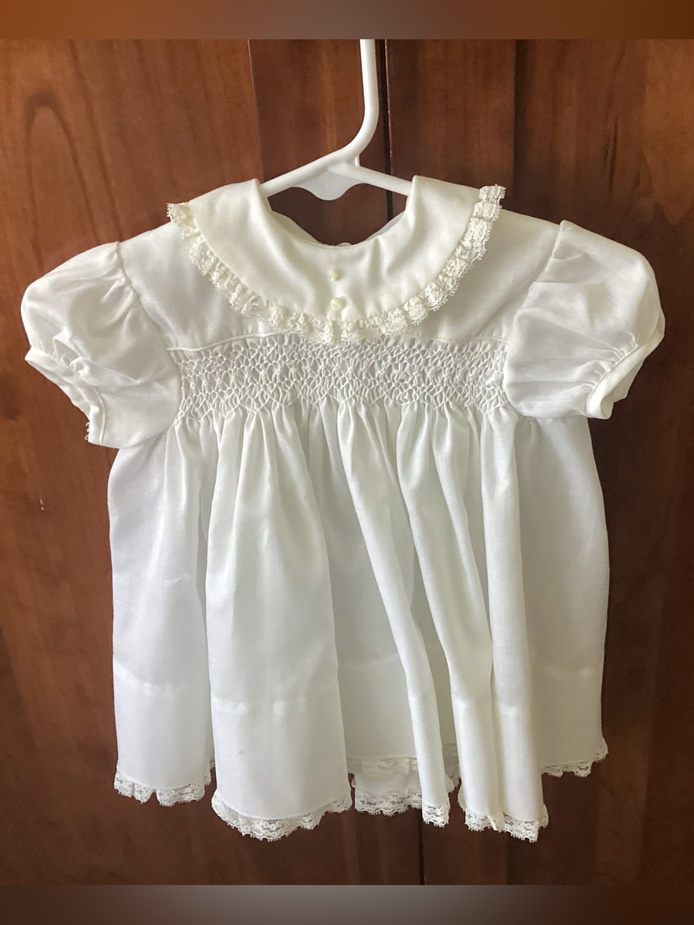 Vintage Polly Flinders Baby Dress, Hand-Smocked, lace trim, off-white, white